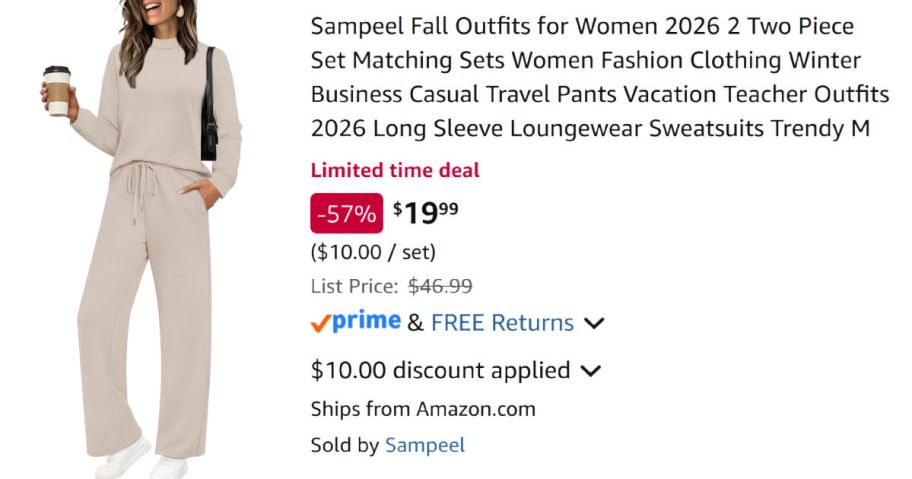 woman wearing beige outfit next to Amazon pricing information