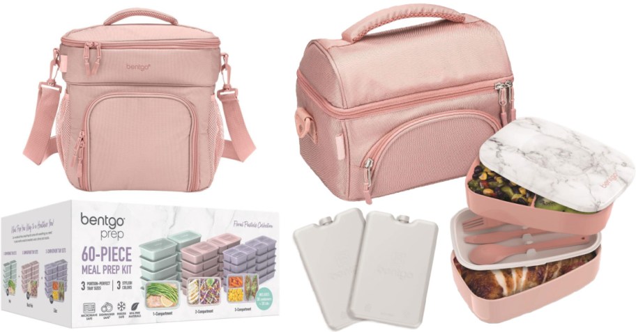 A collage of Bentgo products on a white background, including a pink insulated lunch bag, a 60-piece meal prep kit box, two ice packs, and an open stackable lunch box with a marble lid containing food.