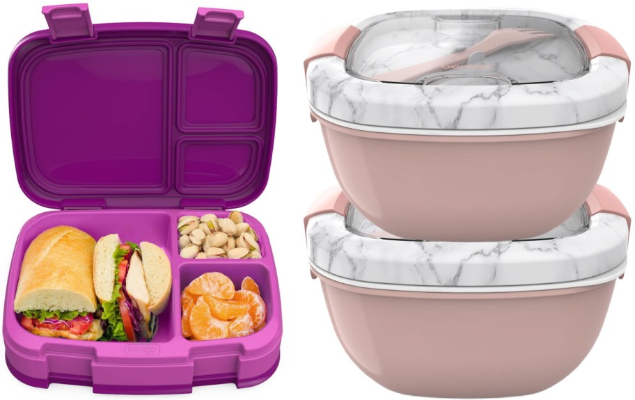 An open purple Bentgo lunch box containing a sandwich, pistachios, and mandarin oranges next to two stacked pink Bentgo salad bowls with marble-patterned lids on a white background.