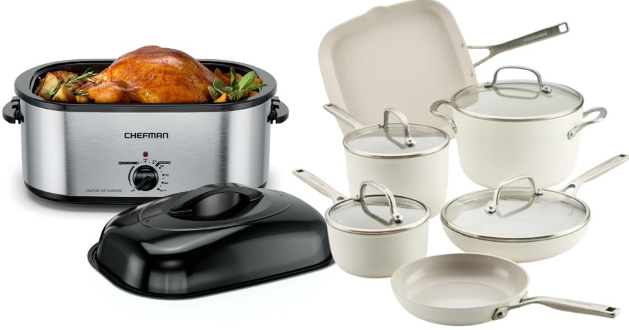 an electric roaster and a set of cookware