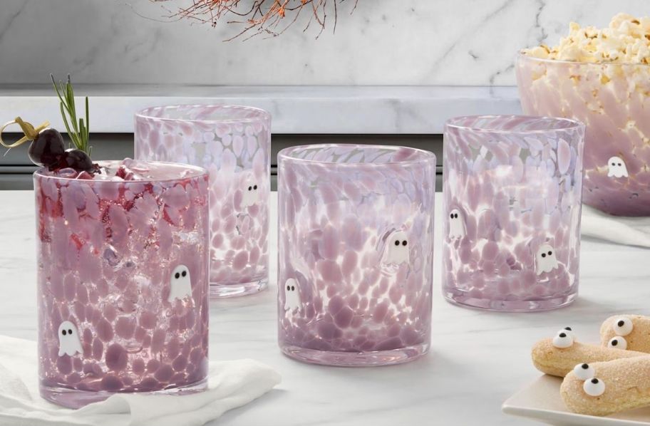 4-pack of halloween glasses with ghosts on kitchen counter
