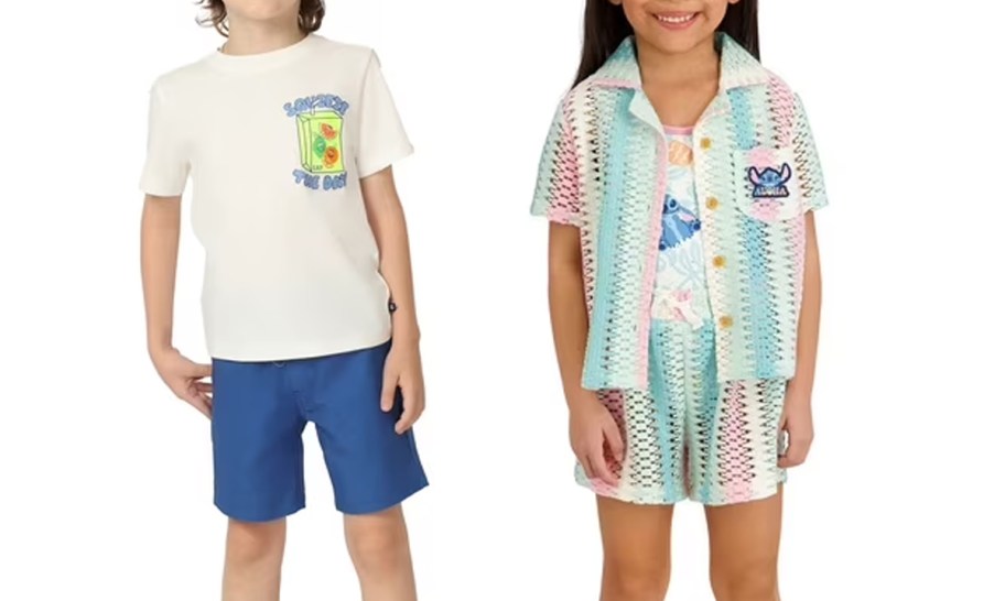 boy wearing white tee and blue shorts and girl in stitch outfit 