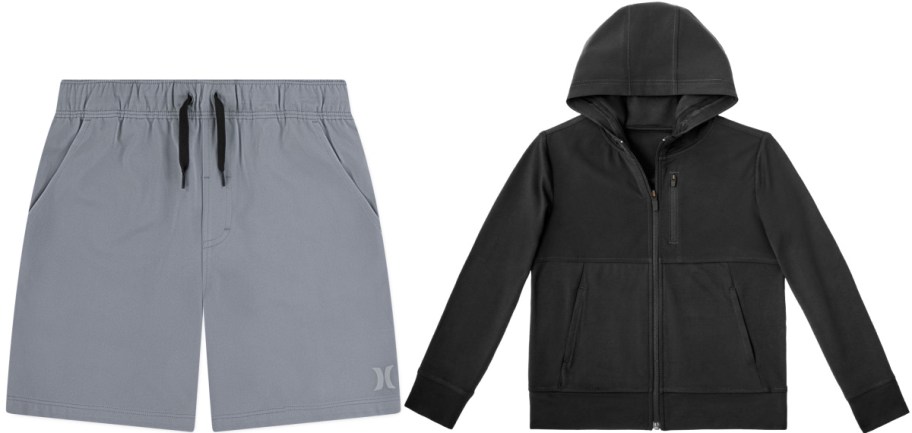 A pair of gray athletic shorts with a drawstring waist and black logo detail paired with a black full-zip hooded sweatshirt featuring front pockets.
