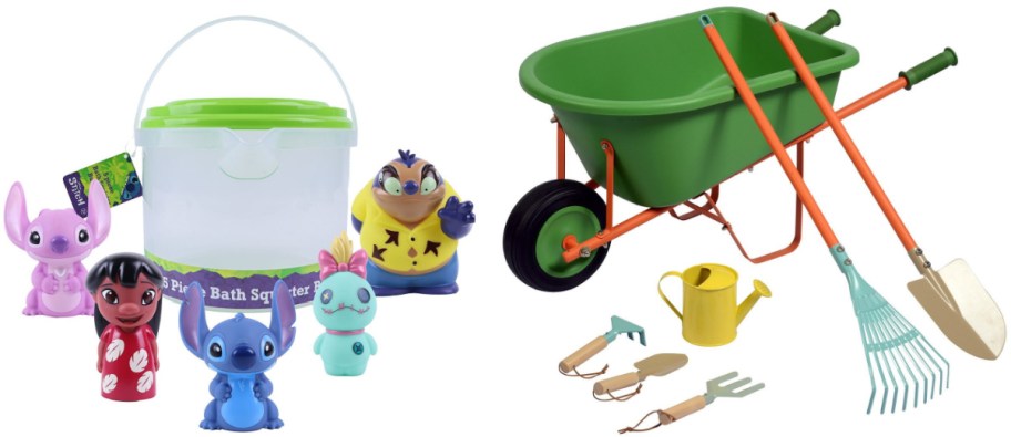 A Disney Stitch 5-piece bath squirt toy set with a bucket on the left and a kids' green wheelbarrow garden tool set on the right.