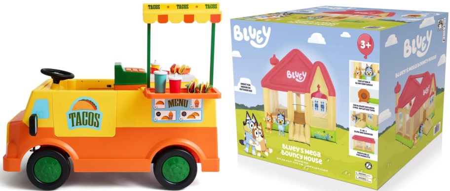 A yellow and orange taco food truck toy on the left and a box for Bluey's Mega Bouncy House on the right.