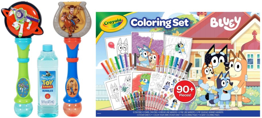 Toy Story bubble wands with solution on the left and a Crayola Bluey coloring set with over 90 pieces on the right.