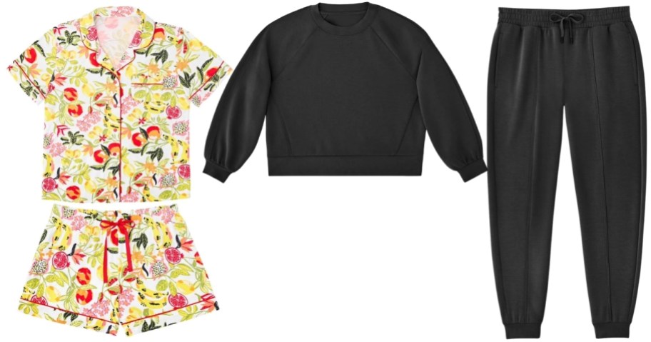 womens shrts pjs, crew neck sweatshirt and joggers