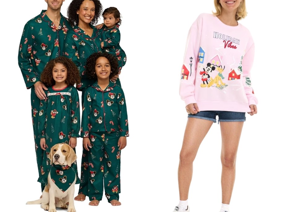 family wearing matching Disney holiday pajamas and woman wearing a Disney sweatshirt and jean shorts