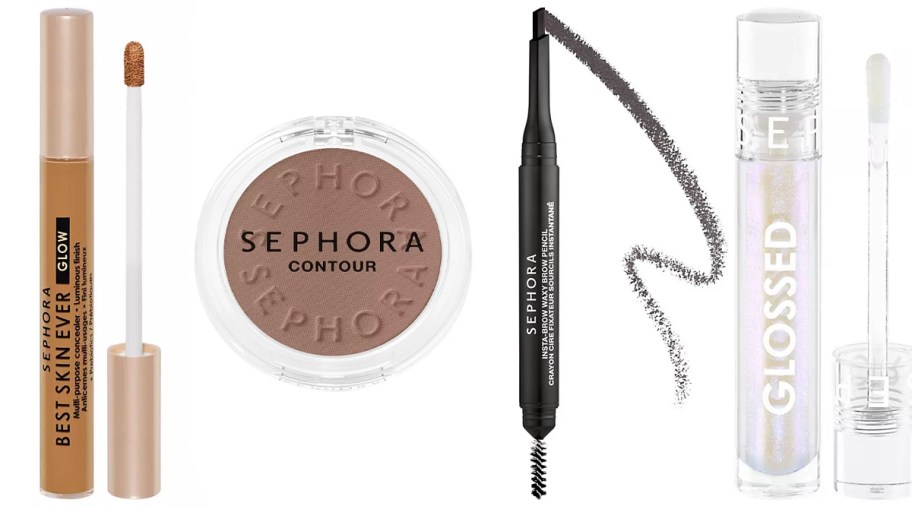 concealer, powder, brow pencil, and lip gloss 