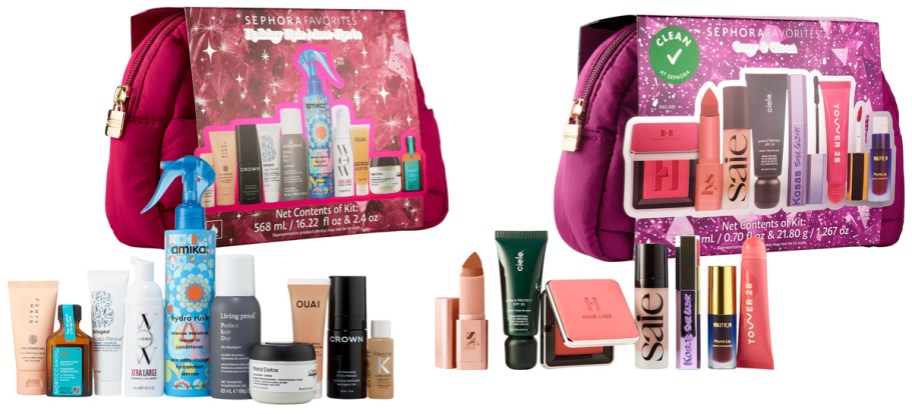 red and purple bags with beauty products in front