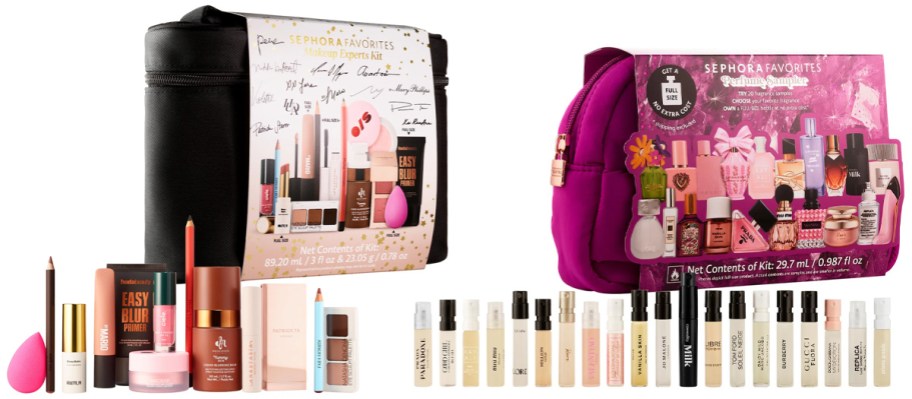 black and purple bags with beauty products sitting in front