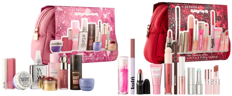 two skin and makeup care gift sets with products sitting in front of pink and red bags