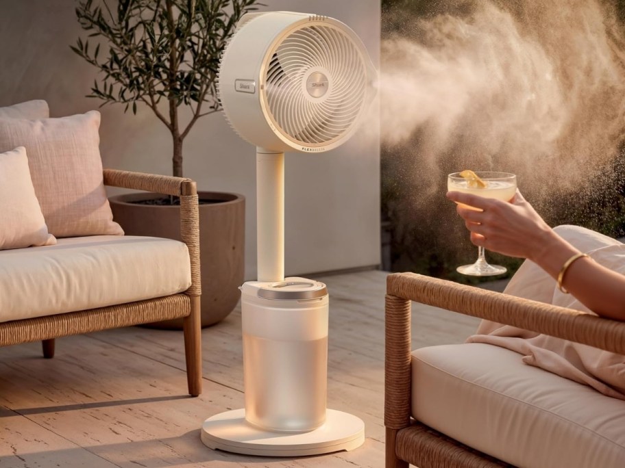a flexbreeze misting fan outdoors on a patio