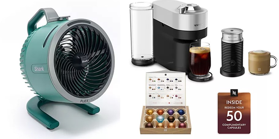 teal portable fan and black and silver coffee maker with frother and pods 