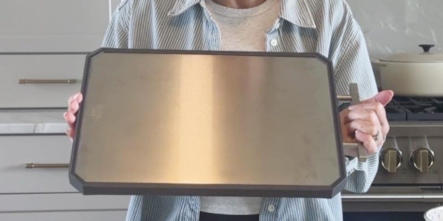 person holding stainless steel cutting board