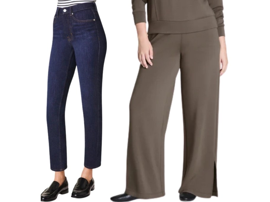 woman in spanx jeans and wide leg pants