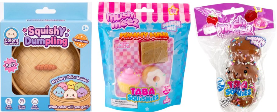 Three packages of food-themed squishy toys, including a Squishy Dumpling box and two Mush Meez Taba Squishies bags containing mini desserts.