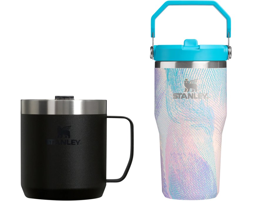 black mug and purple and blue tumbler