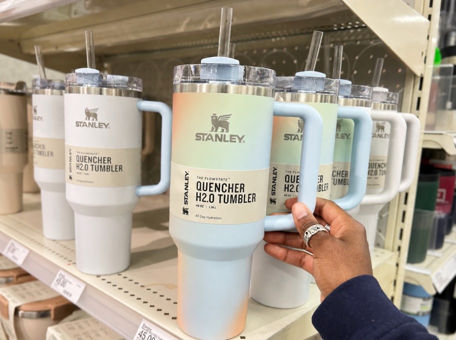 hand holding stanley tumbler with rainbow colors on shelf