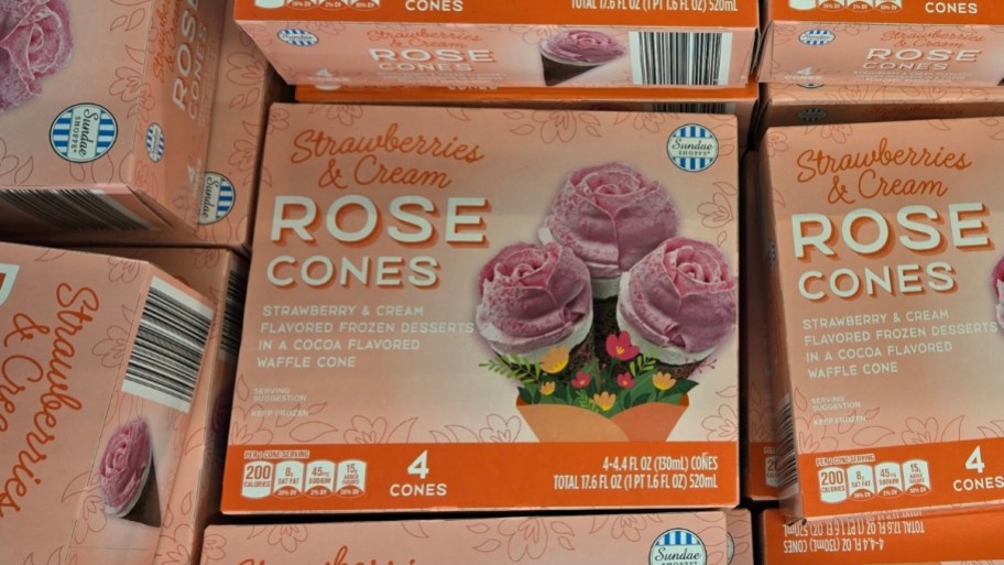 strawberries and cream rose cones in a freezer