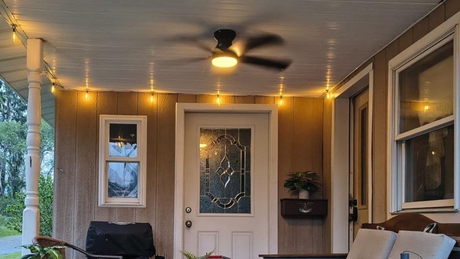 string lights strung on a back porch