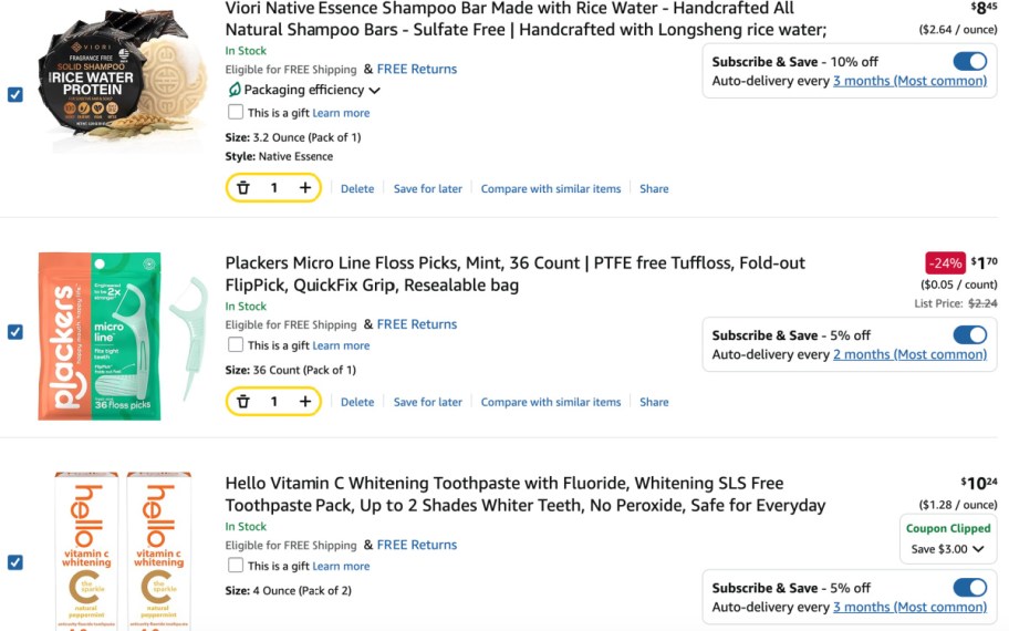 screenshot of amazon order with shampoo, flossers, and toothpaste