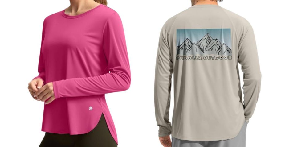 a woman and a man wearing sun shirts