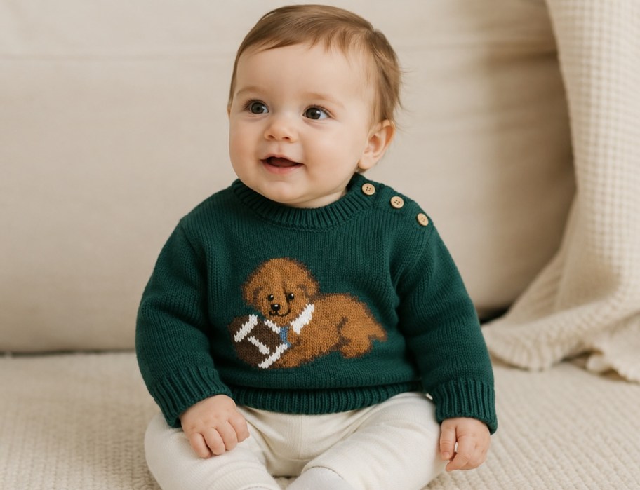 baby wearing football dog green sweater sitting on couch