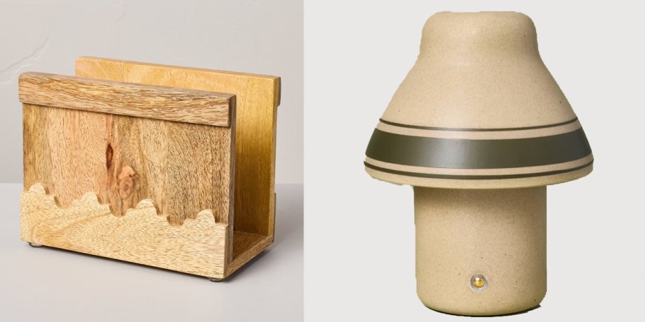 wood napkin holder and ceramic lamp 