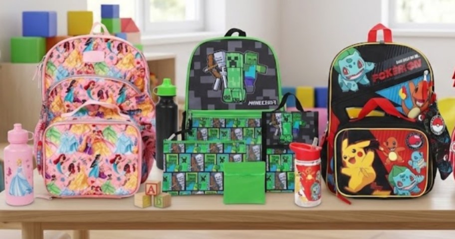 Disney Princess, Minecraft, and Pokemon backpack sets on a desk