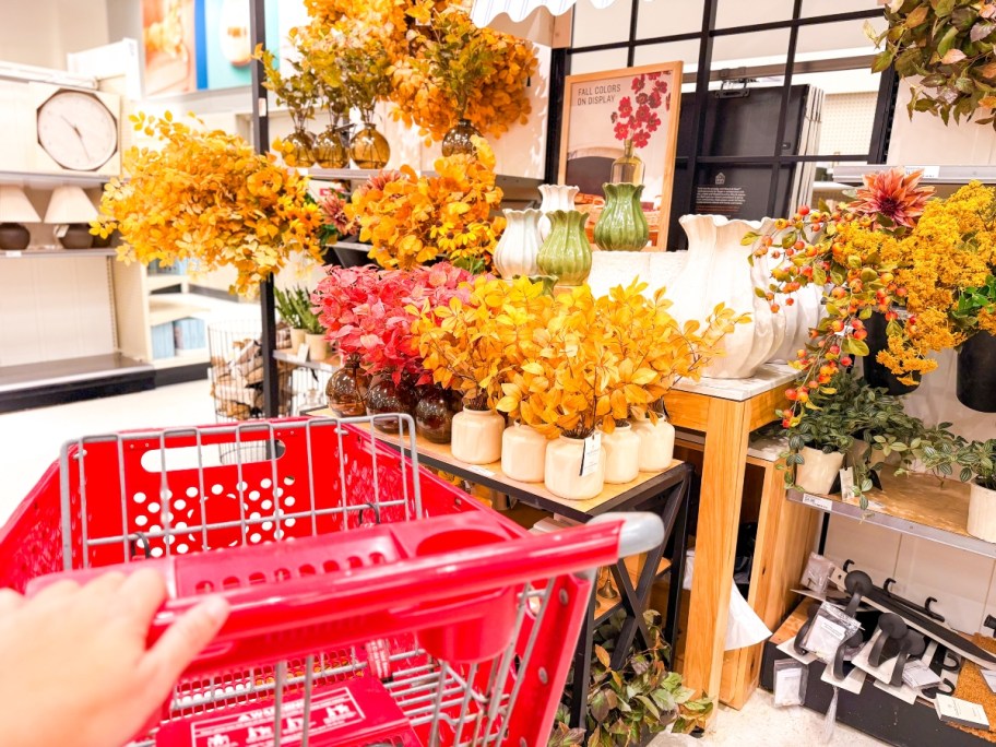 pushing a red shopping cart in front of fall decor