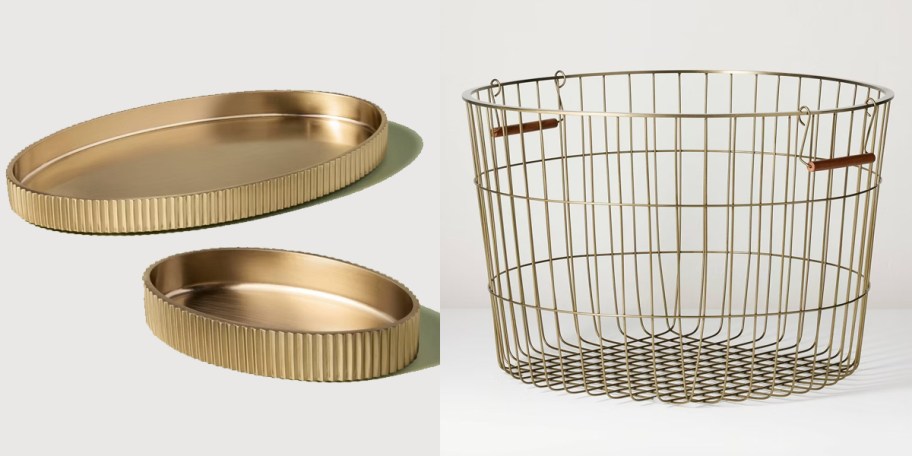 gold trinket trays and wire basket 