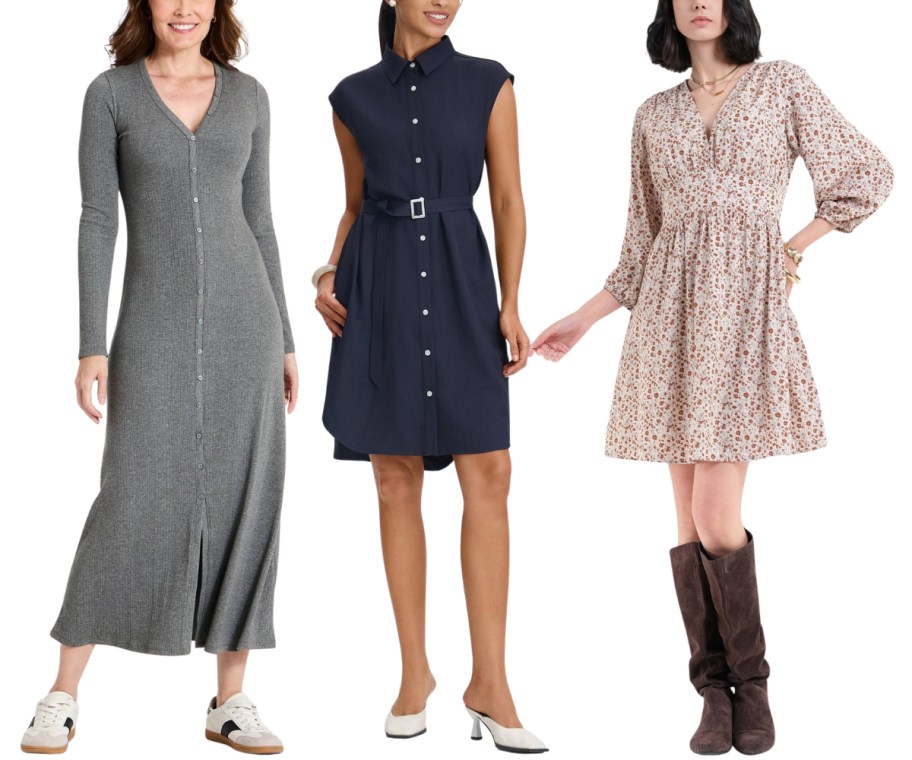 3 women wearing 3 different styles of fall dresses
