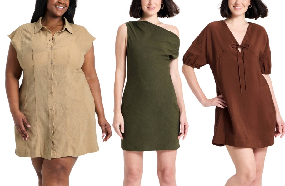 3 women wearing 3 different styles of mini dresses