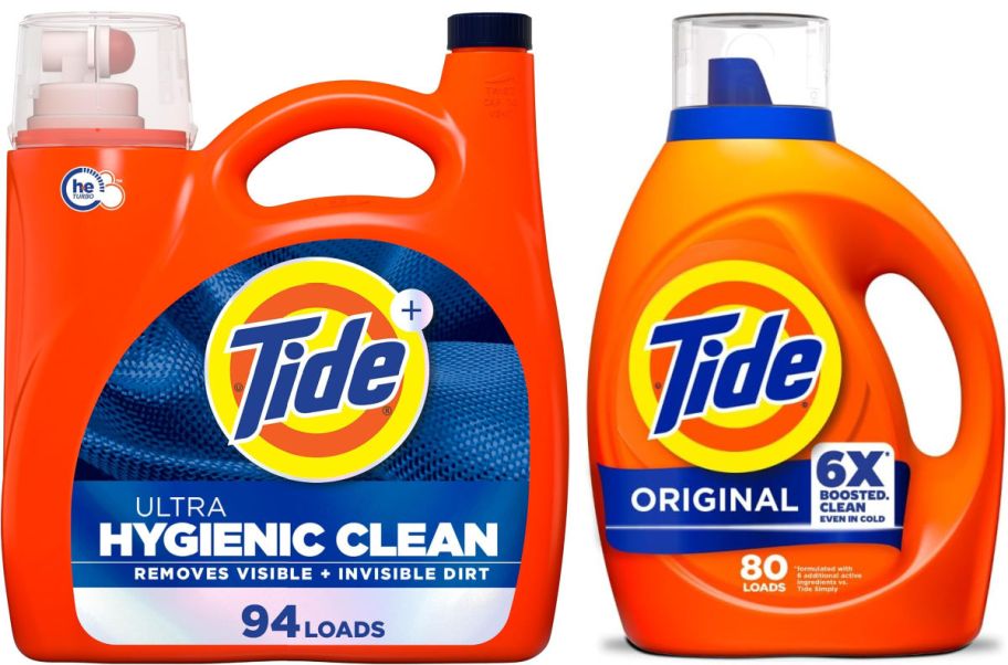two bottles of tide on a white background
