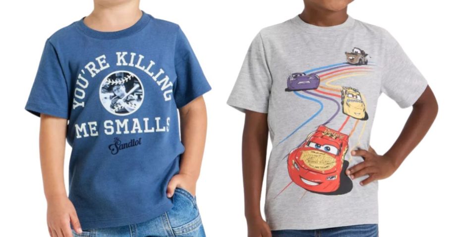 two boys wearing a sandlot shirt and a disney cars shirt