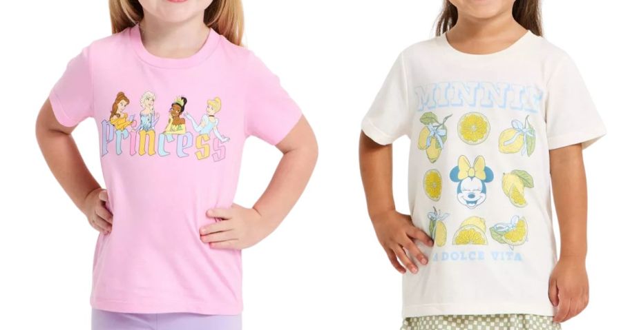 two girls wearing disney princess shirt and minnie mouse shirt