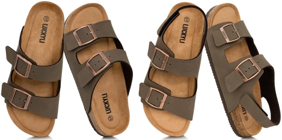 Four Luckyly cork footbed sandals in brown, featuring double-strap slip-on styles and a slingback strap version with adjustable metal buckles.