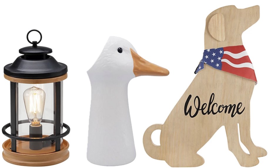 lantern, goose vase, and dog sign