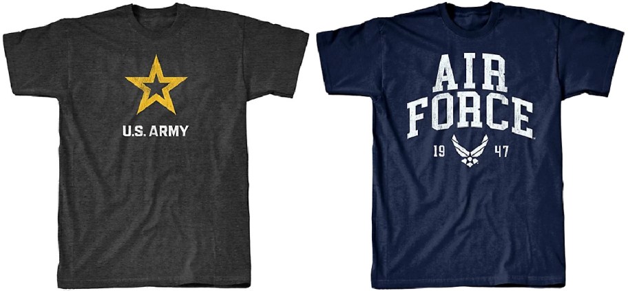 Two t-shirts: a dark grey U.S. Army shirt and a navy blue Air Force shirt.