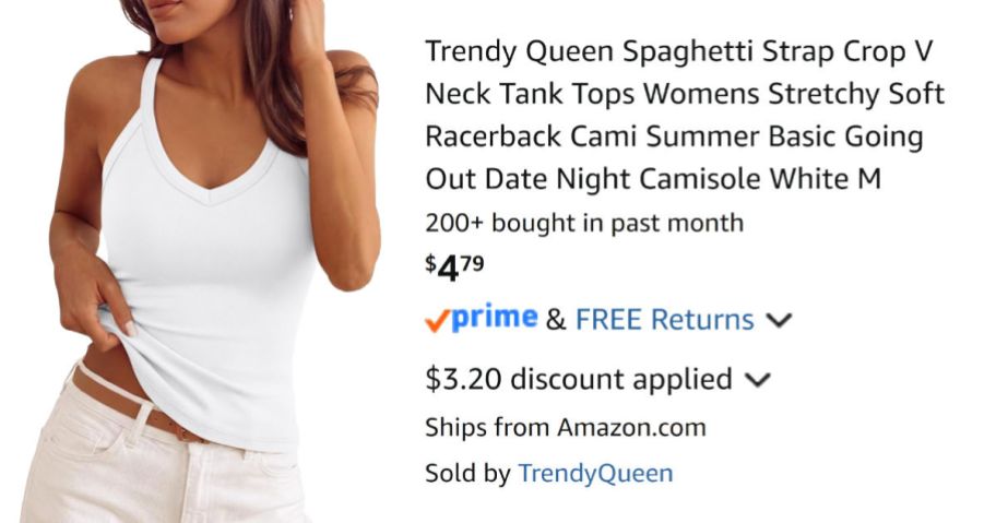 woman wearing white tank top next to Amazon fashion information