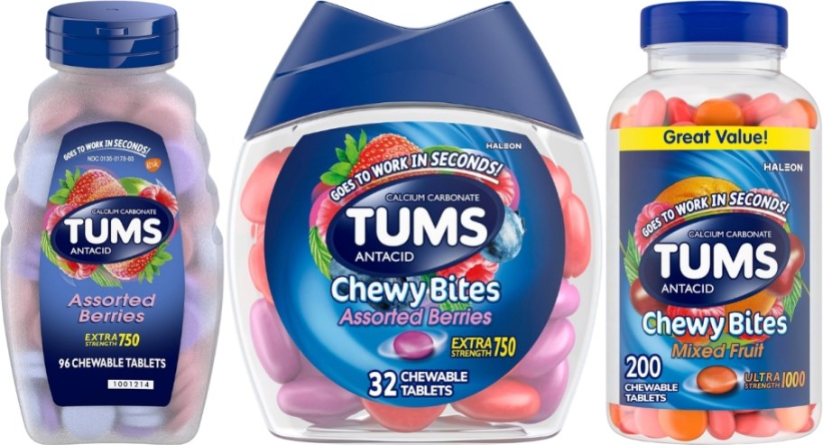 three different bottles of tums in assorted sizes and flacors