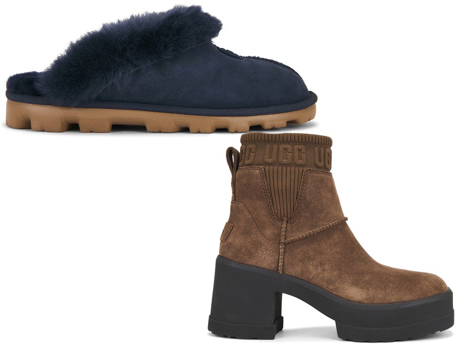 navy slipper and brown ugg boot 