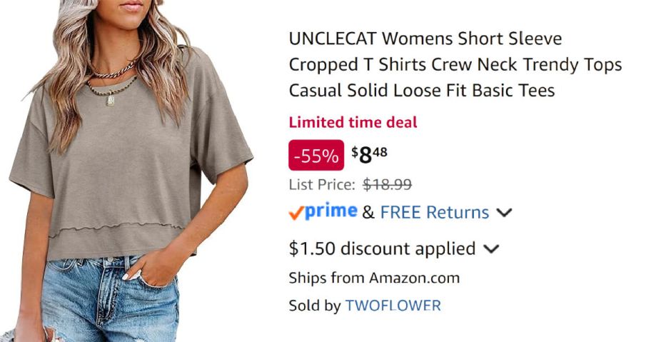 woman wearing tan shirt next to Amazon pricing information