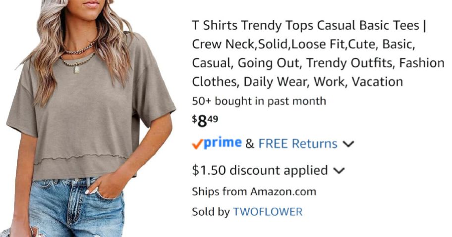 woman wearing tan shirt next to Amazon pricing information