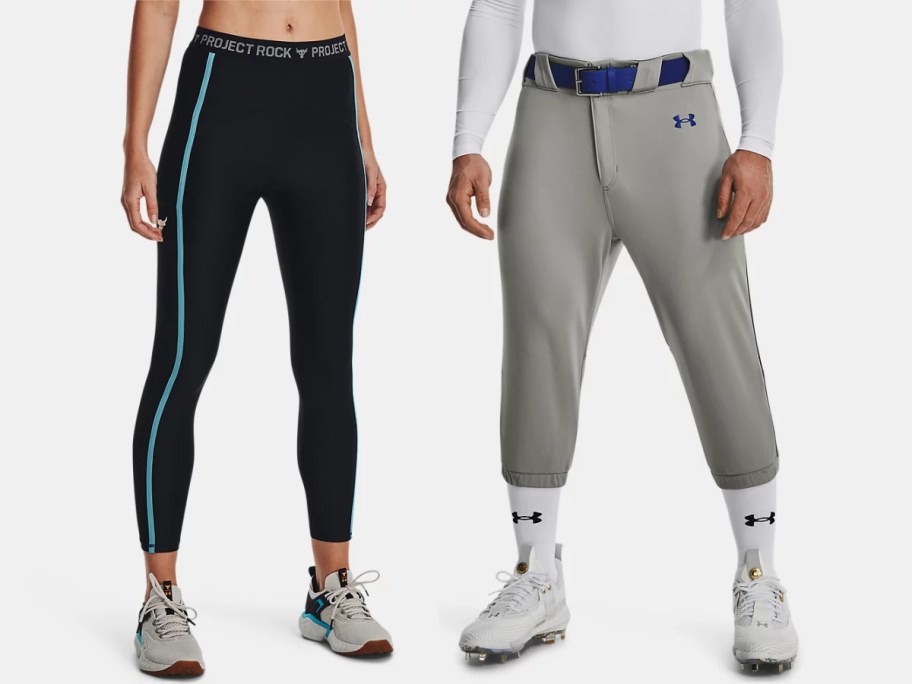 Two people wearing athletic apparel: one in black Project Rock leggings with a light blue side stripe, and the other in grey Under Armour baseball pants with a blue belt.
