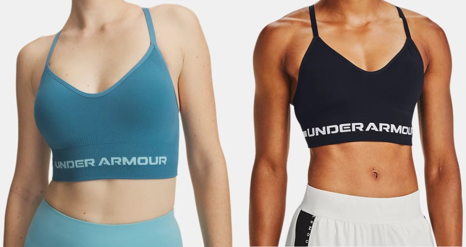 Two people wearing Under Armour sports bras: one in teal and one in black.