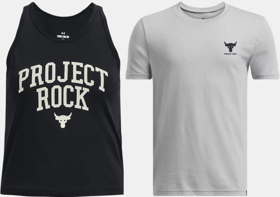 A black Project Rock tank top with large white text and logo next to a light grey Project Rock t-shirt with a small chest logo.