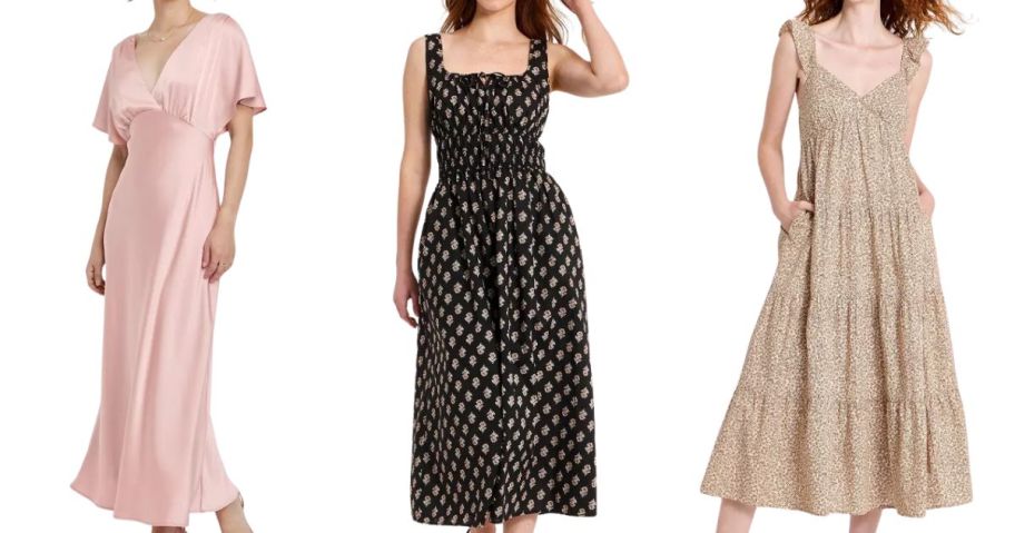 three women wearing universal thread and a new day dresses in pink, black, and brown floral