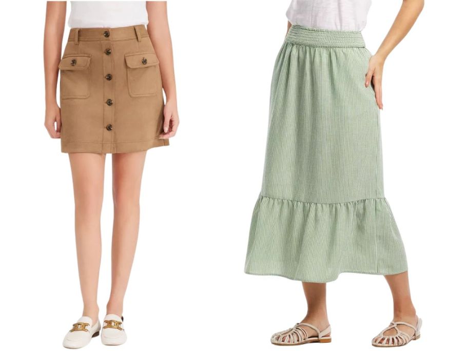 two women wearing universal thread skirts in brown and green